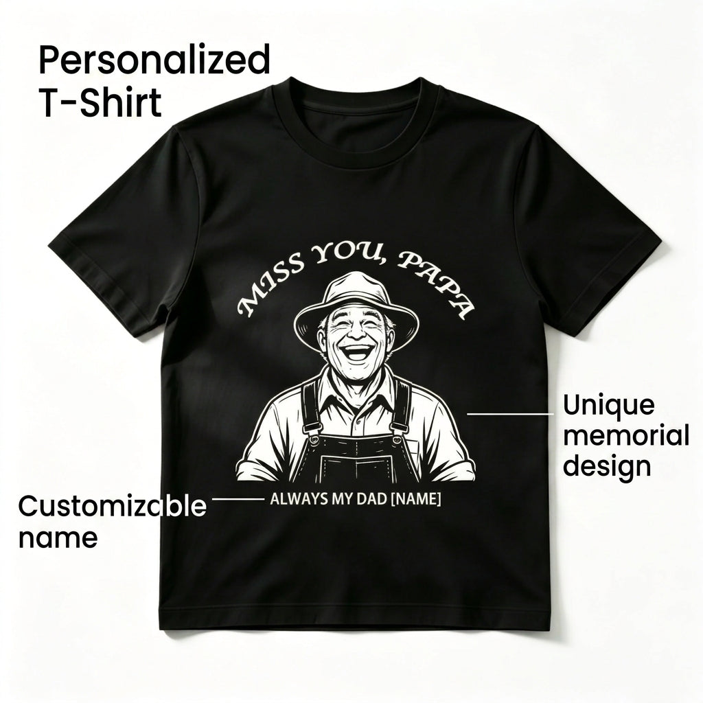 Custom Illustrated "Miss You, Papa" T-Shirt – Personalized Portrait Sketch & Name "Always My Dad" Tee – Unique DIY Memorial Gift