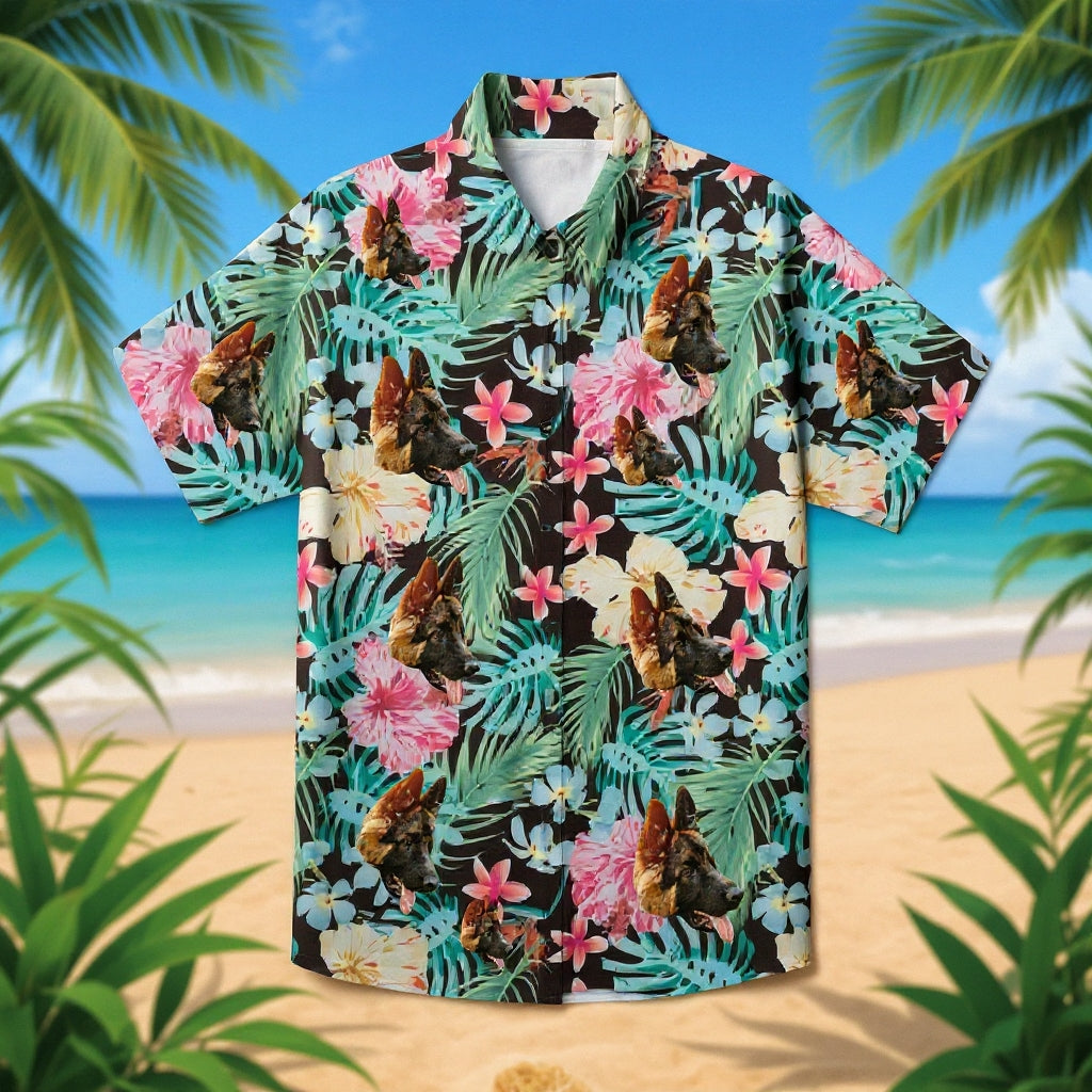 Watercolor Hibiscus & Monstera Black Hawaiian Shirt