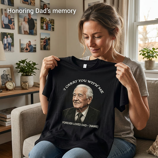 Custom Photo "I Carry You With Me" Memorial T-Shirt – Personalized Portrait & Name "Forever Loved Dad" Tee – DIY Photo Tribute Gift