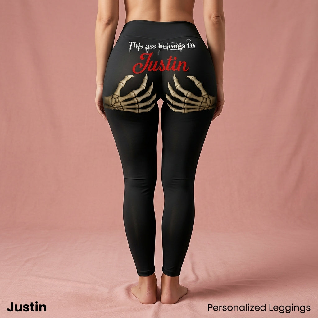 Edgy Skeleton Hand Print Black Leggings - "This Ass Belongs To" Gothic Graphic Yoga Pants - Spooky Season Streetwear