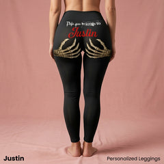 Edgy Skeleton Hand Print Black Leggings - "This Ass Belongs To" Gothic Graphic Yoga Pants - Spooky Season Streetwear