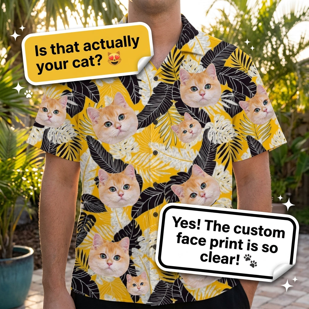 Black & White Tropical Leaf Print Yellow Hawaiian Shirt