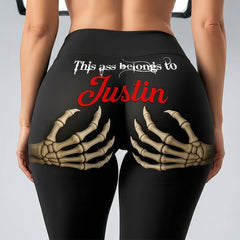 Edgy Skeleton Hand Print Black Leggings - "This Ass Belongs To" Gothic Graphic Yoga Pants - Spooky Season Streetwear