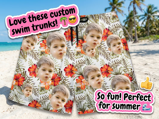 Custom Photo Hawaiian Shorts – Personalized Vibrant Sunflower & Green Foliage Beach Trunks – Unique DIY Summer Luau Apparel