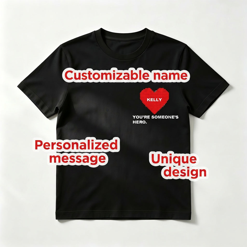 Custom Pixel Heart "You're Someone's Hero" T-Shirt – Personalized Name Heart Pocket Design – Unique DIY Father's Day Gift for Him