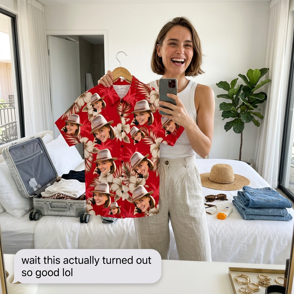 Red Hibiscus & Palm Tree Print Hawaiian Shirt