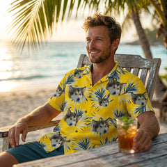 Yellow Hawaiian Shirt with Blue Palm Leaf Print