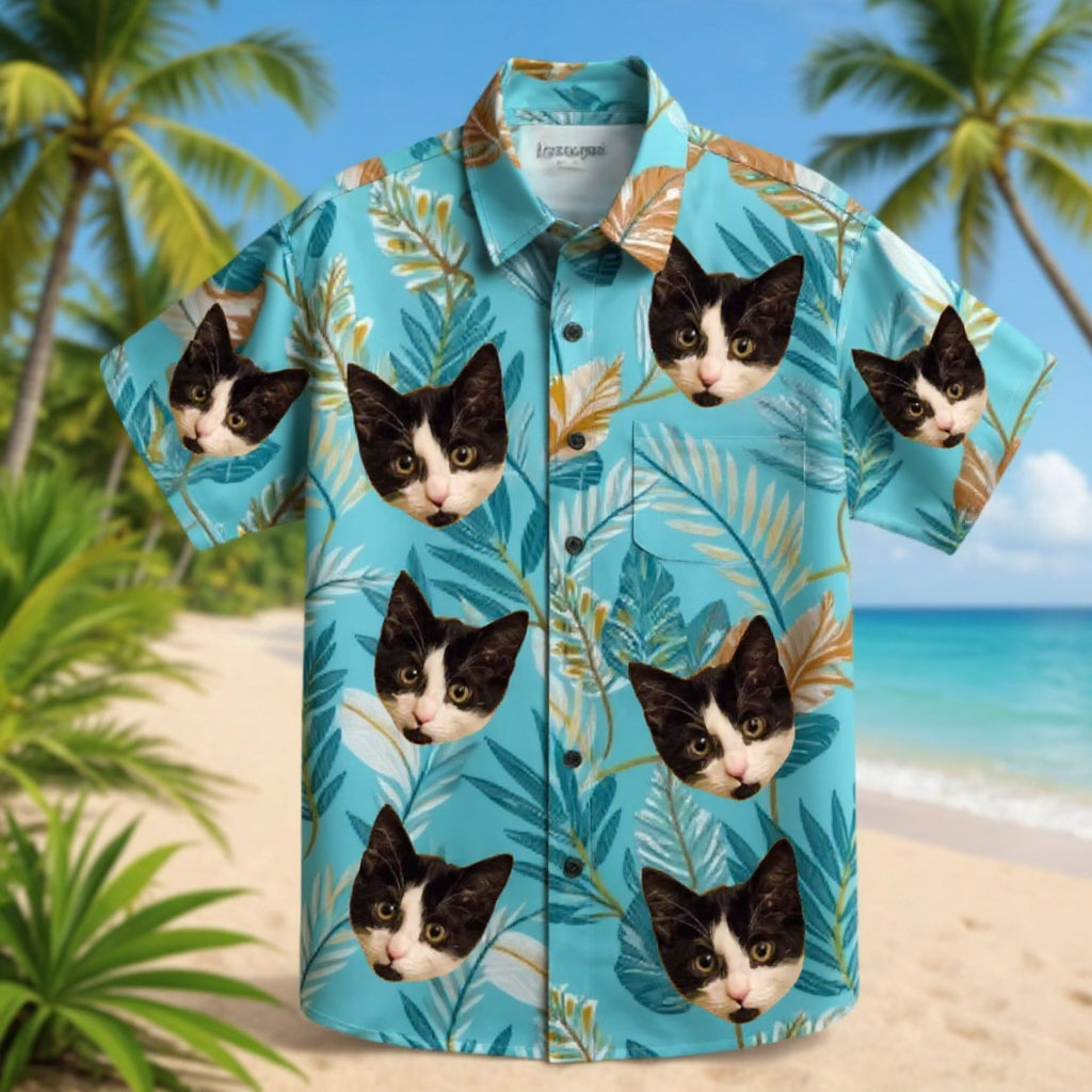 Light Blue Tropical Leaf Print Casual Aloha Shirt
