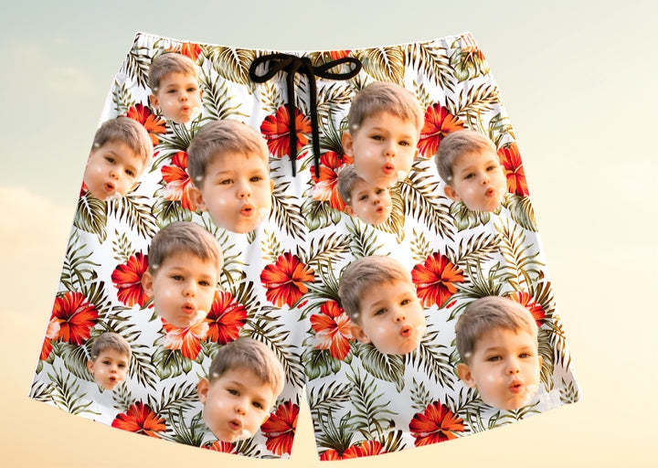 Custom Photo Hawaiian Shorts – Personalized Vibrant Sunflower & Green Foliage Beach Trunks – Unique DIY Summer Luau Apparel