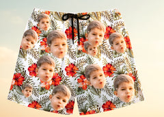 Custom Photo Hawaiian Shorts – Personalized Vibrant Sunflower & Green Foliage Beach Trunks – Unique DIY Summer Luau Apparel