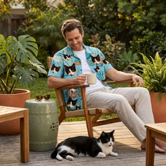Light Blue Tropical Leaf Print Casual Aloha Shirt