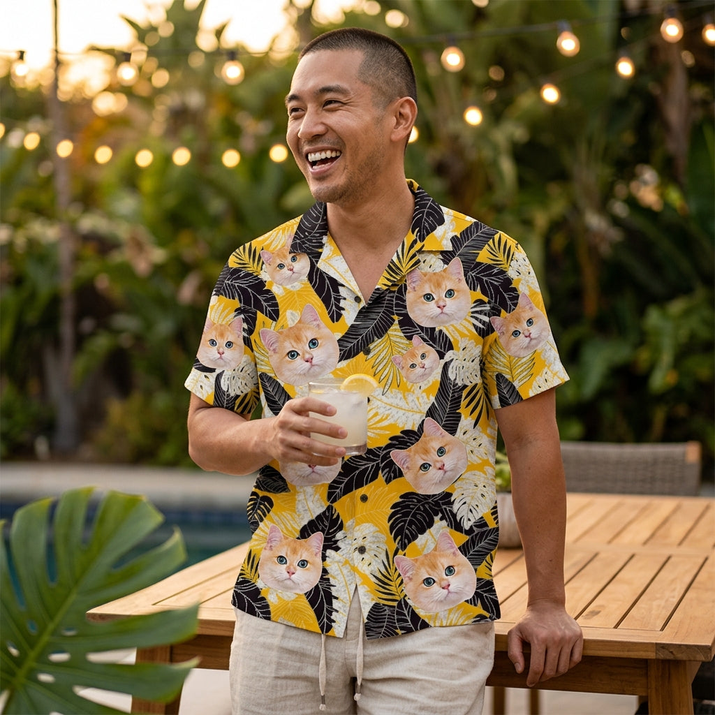 Black & White Tropical Leaf Print Yellow Hawaiian Shirt