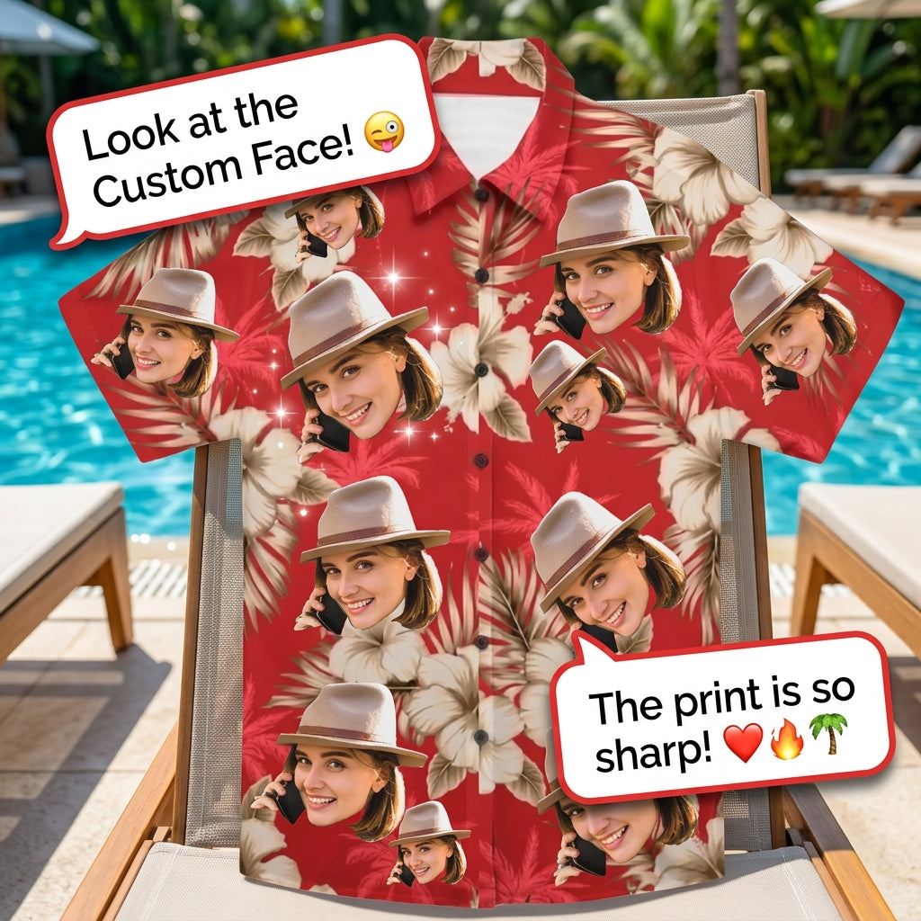 Red Hibiscus & Palm Tree Print Hawaiian Shirt