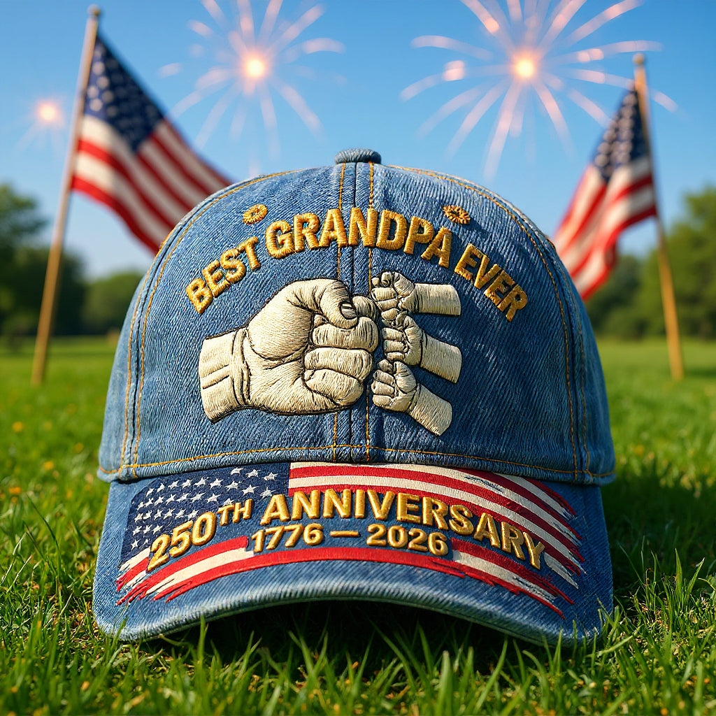 "Best Grandpa Ever" 4 Generations Fist Bump 250th Anniversary Denim Cap