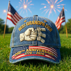 "Best Grandpa Ever" 4 Generations Fist Bump 250th Anniversary Denim Cap