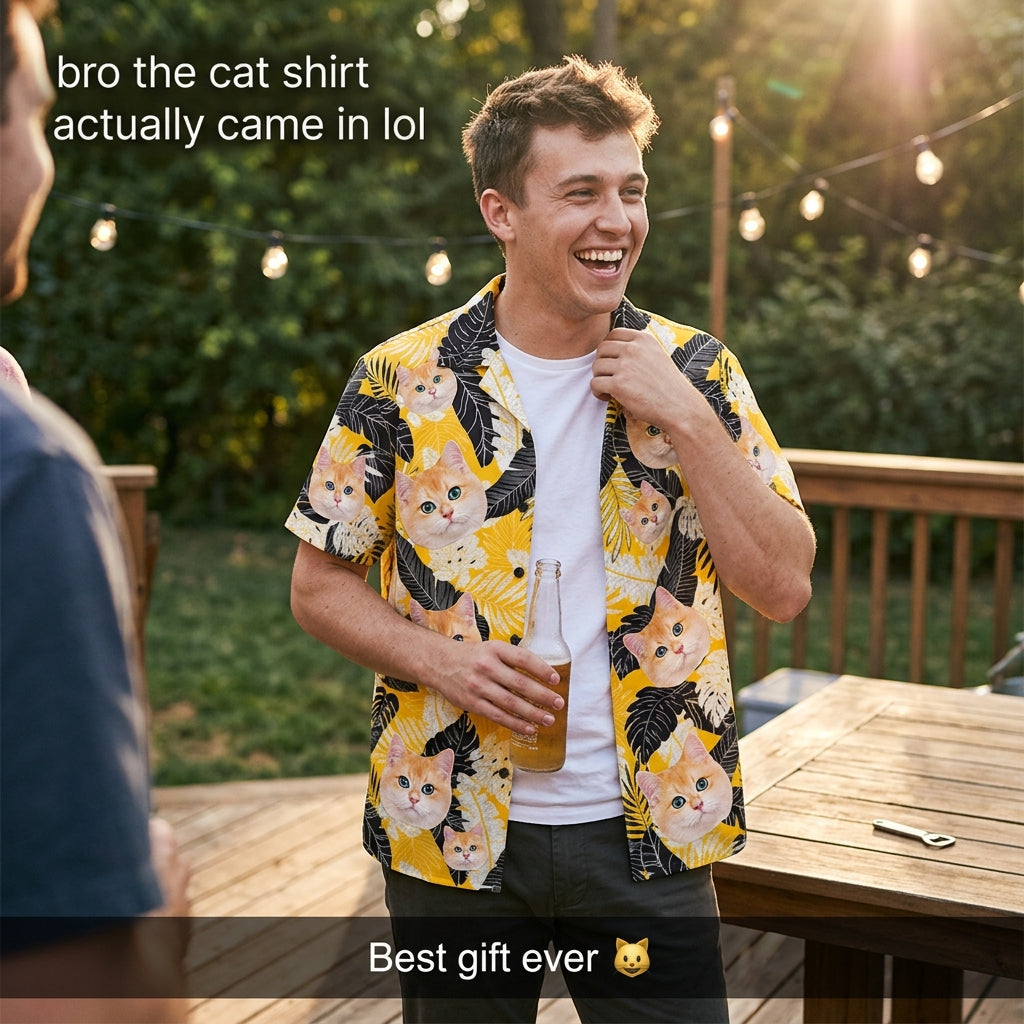 Black & White Tropical Leaf Print Yellow Hawaiian Shirt