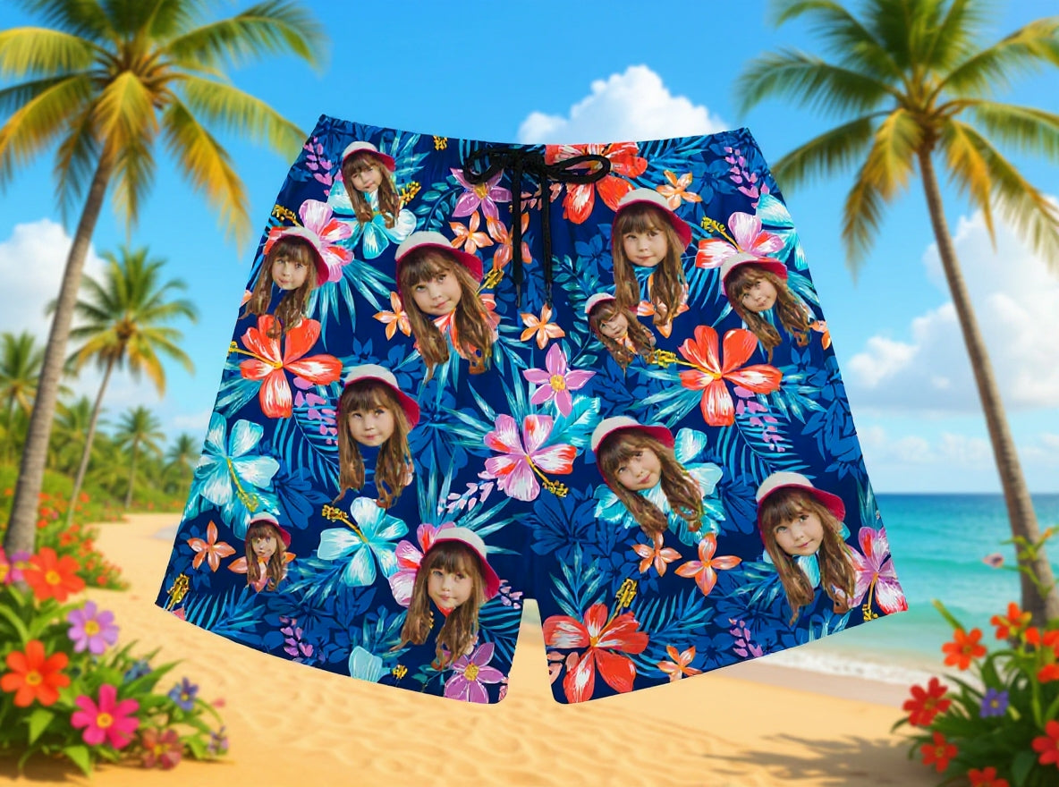 Custom Photo Hawaiian Shorts – Personalized Sunset Orange Floral & Palm Leaf Shorts – Unique DIY Coastal Vacation Swimwear