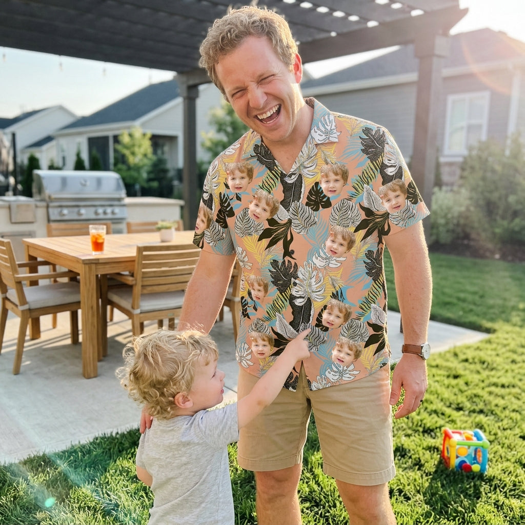Custom Photo Hawaiian Shirt – Personalized Pink Floral & Lush Tropical Palm Button-Down – Unique DIY Aloha Summer Vacation Gift