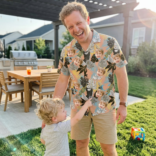 Custom Photo Hawaiian Shirt – Personalized Pink Floral & Lush Tropical Palm Button-Down – Unique DIY Aloha Summer Vacation Gift