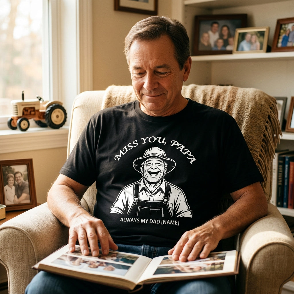 Custom Illustrated "Miss You, Papa" T-Shirt – Personalized Portrait Sketch & Name "Always My Dad" Tee – Unique DIY Memorial Gift