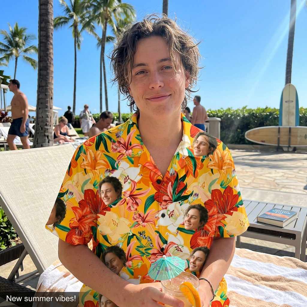 Custom Photo Hawaiian Shirt – Personalized Pink Hibiscus & Tropical Leaf Tee – Unique DIY Summer Vacation Party Gift