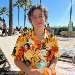 Custom Photo Hawaiian Shirt – Personalized Pink Hibiscus & Tropical Leaf Tee – Unique DIY Summer Vacation Party Gift