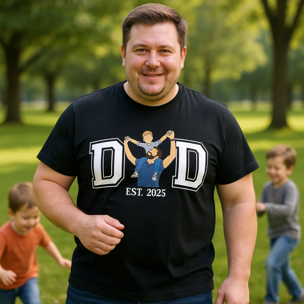 Custom Varsity Style "DAD" Letter T-Shirt – Personalized DAD Letter Outline with Kids' Name and Est. Date – Unique DIY Father's Day Gift