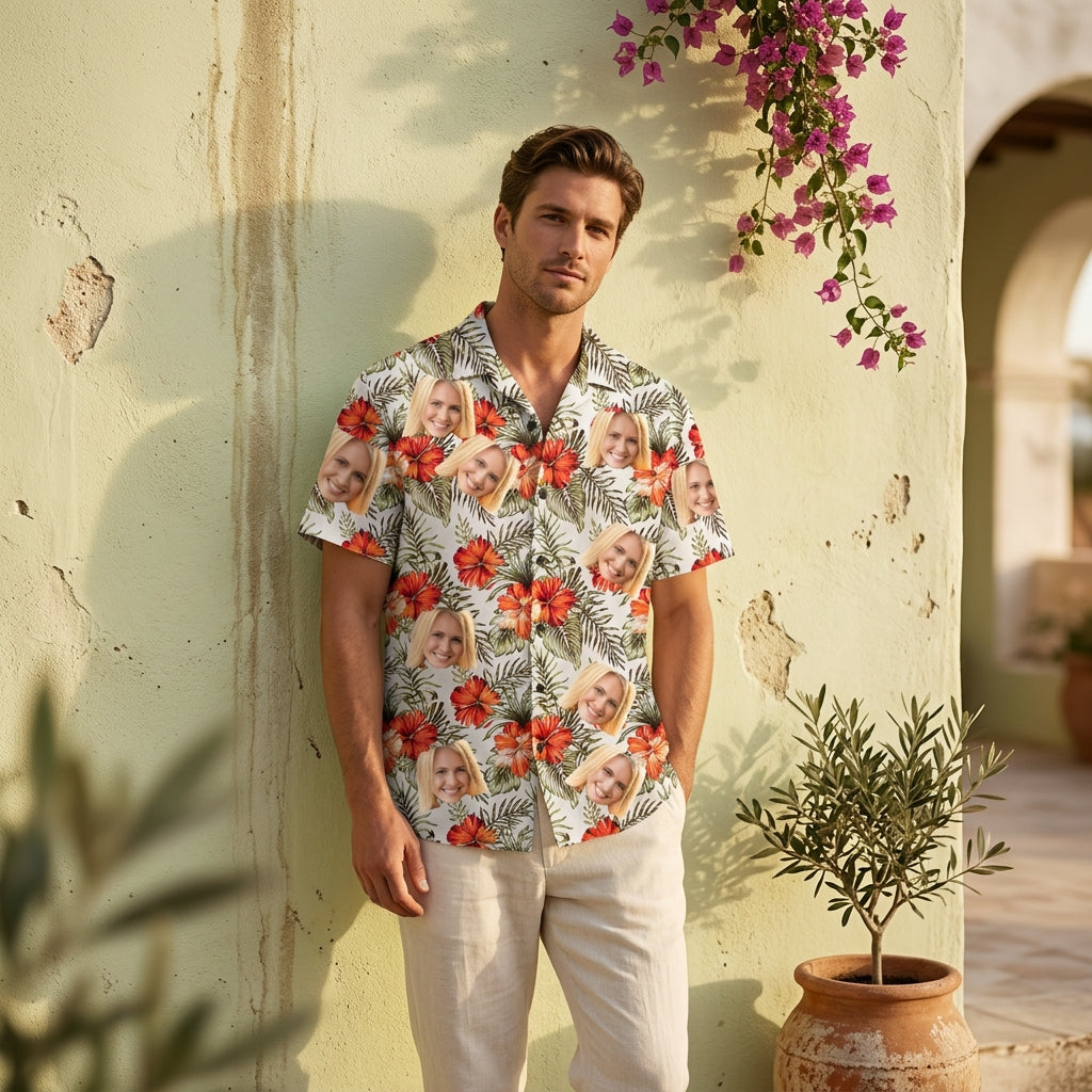 Custom Photo Hawaiian Shirt – Personalized Vibrant Sunflower & Tropical Leaf Button-Down – Unique DIY Beach Party Holiday Wear