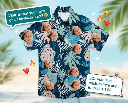 Custom Photo Hawaiian Shirt – Personalized Blue Hibiscus & Monstera Leaf Button-Down – Unique DIY Tropical Island Vibe Shirt