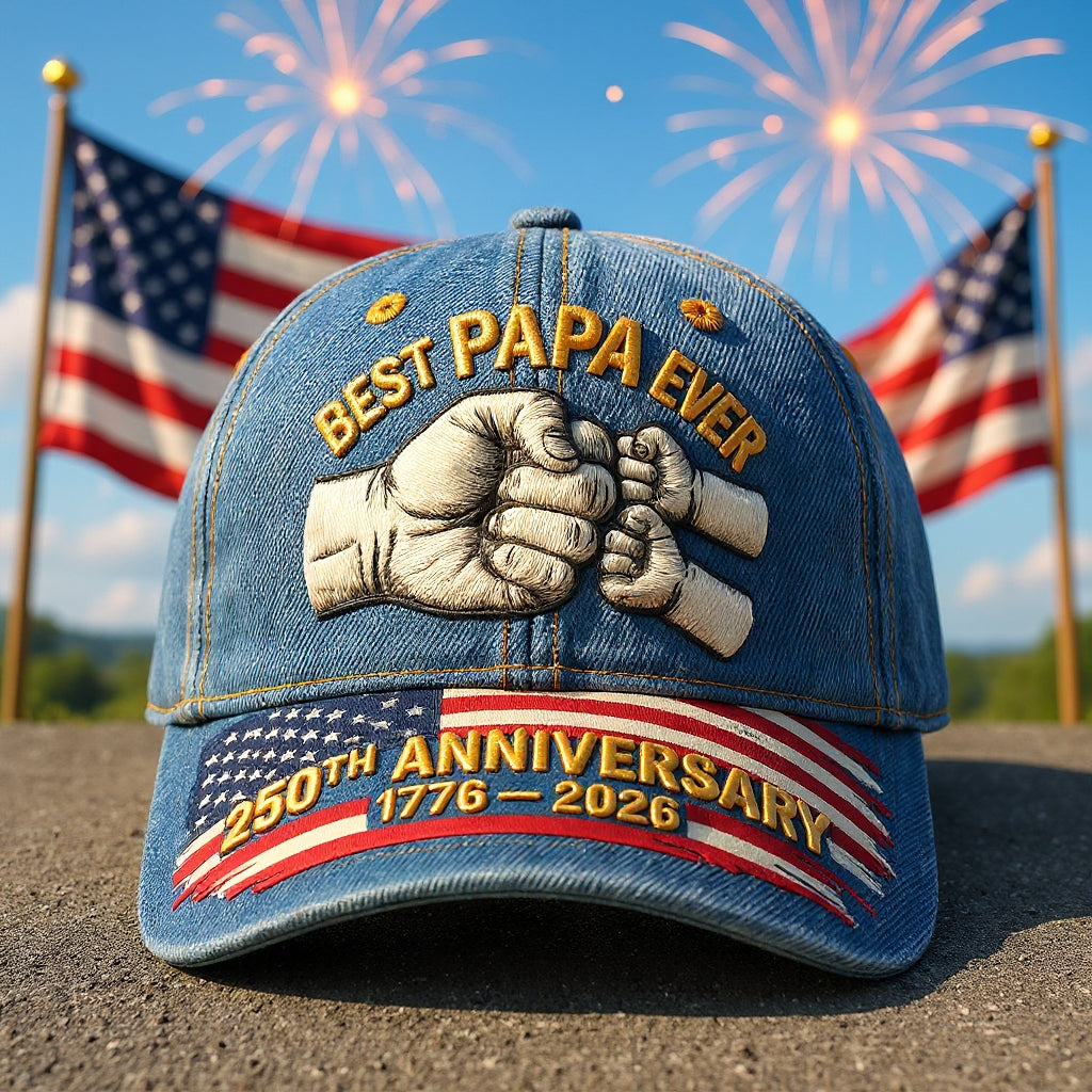 "Best Grandpa Ever" 3 Generations Fist Bump Patriotic Denim Baseball Cap