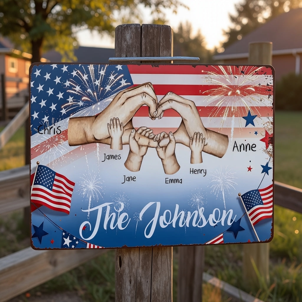 Custom Patriotic Family Hands Heart Personalized Vintage Metal Wall Sign