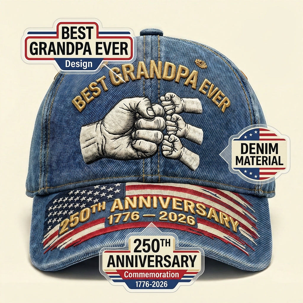 "Best Grandpa Ever" 4 Generations Fist Bump 250th Anniversary Denim Cap