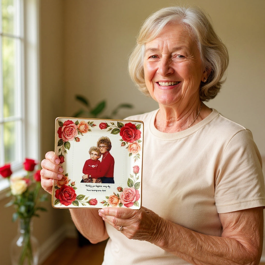 Personalized Mother’s Day Jewelry Dish - Custom Photo Ceramic Trinket Tray with Floral Rose Border