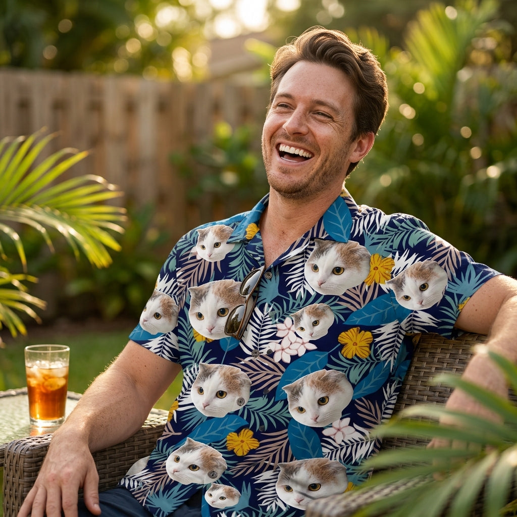 Navy Blue Tropical Floral & Leaf Print Aloha Shirt