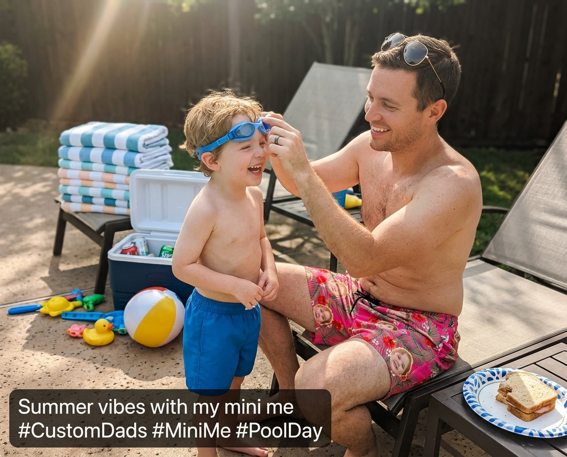 Custom Photo Hawaiian Shorts – Personalized Red Hibiscus & Jungle Leaf Swim Trunks – Unique DIY Aloha Party Beachwear