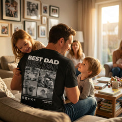 Custom "BEST DAD" T-Shirt – Personalized B&W 4-Photo Collage Tee – Unique DIY Minimalist Black & White Father's Day Gift for Dads