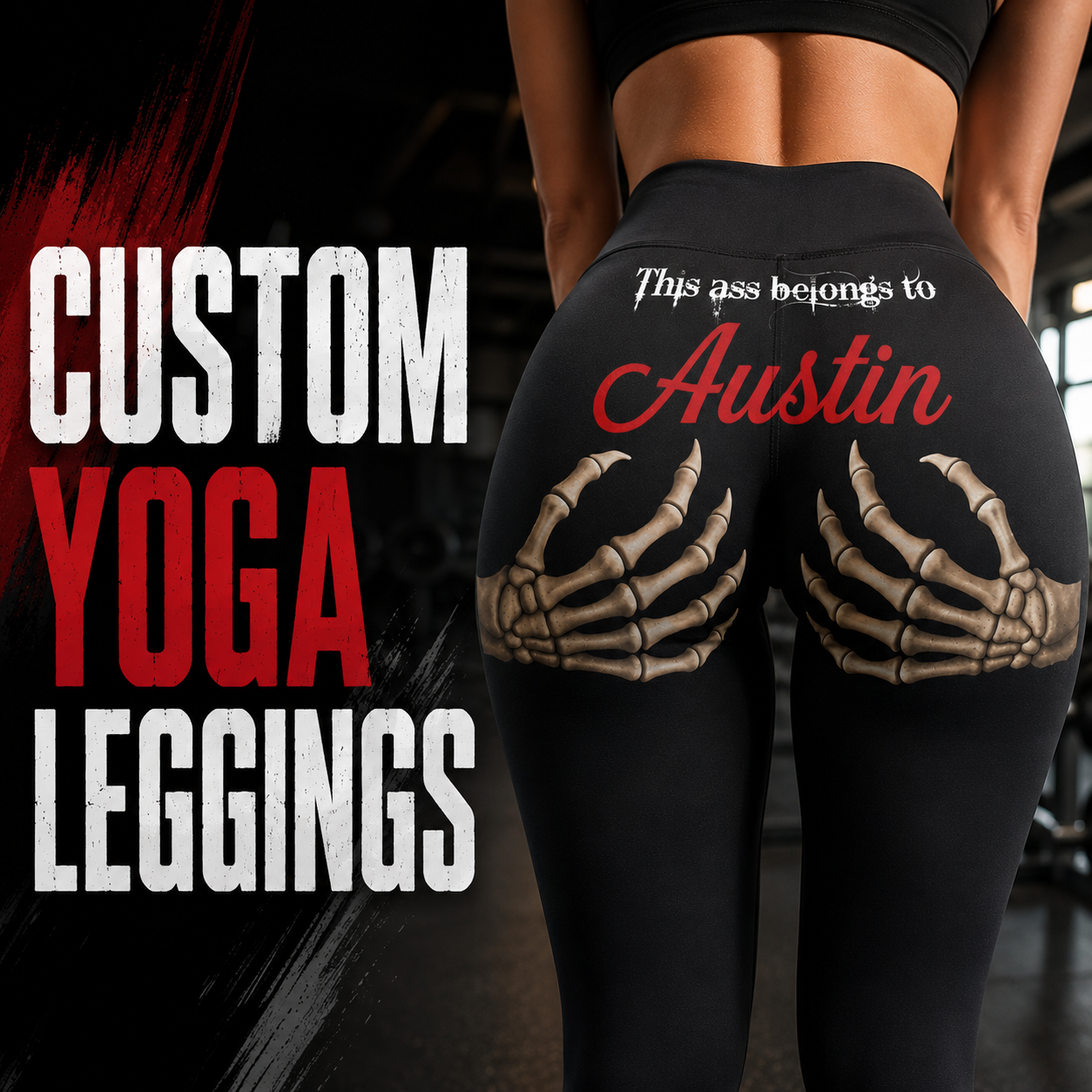 Edgy Skeleton Hand Print Black Leggings - "This Ass Belongs To" Gothic Graphic Yoga Pants - Spooky Season Streetwear