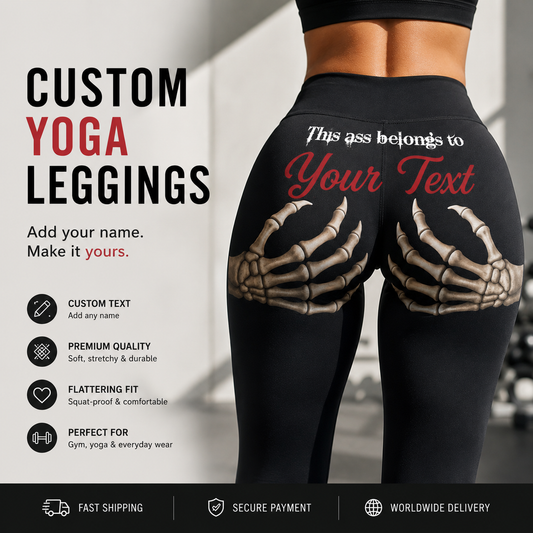 Edgy Skeleton Hand Print Black Leggings - "This Ass Belongs To" Gothic Graphic Yoga Pants - Spooky Season Streetwear