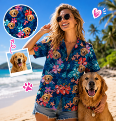 Custom Photo Hawaiian Shirt – Personalized Sunset Orange Floral & Palm Design – Unique DIY Tropical Beach Holiday Tee