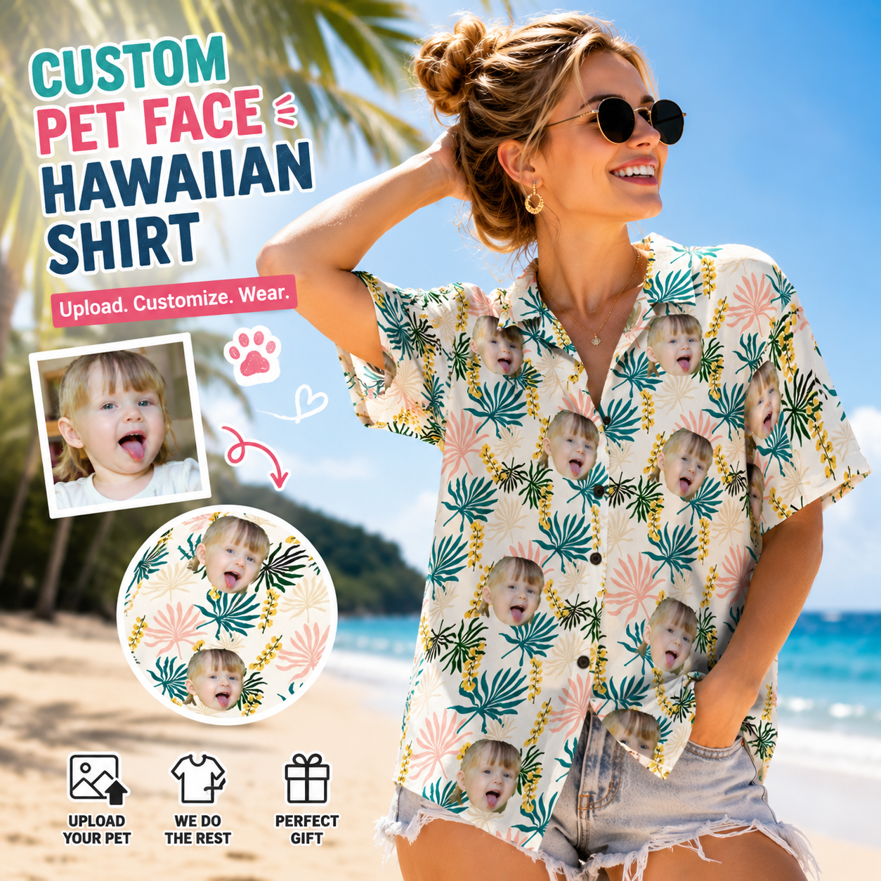 Custom Photo Hawaiian Shirt – Personalized Vibrant Rainbow Floral & Palm Tee – Unique DIY Colorful Aloha Summer Wear