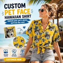 Yellow Hawaiian Shirt with Blue Palm Leaf Print