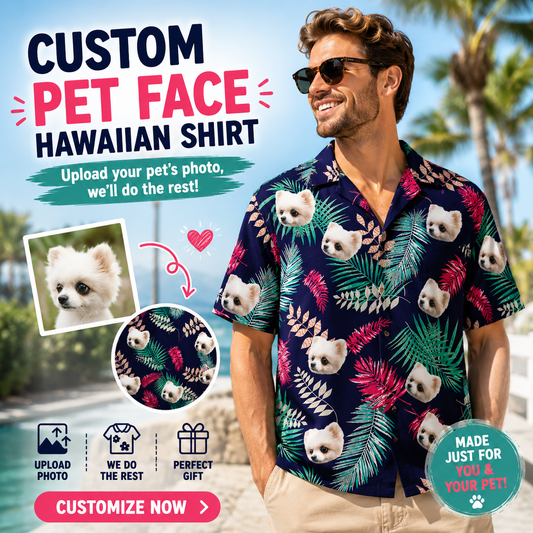 Custom Photo Hawaiian Shirt – Personalized Teal Paradise & Tropical Bloom Tee – Unique DIY Coastal Beach Vibe Gift