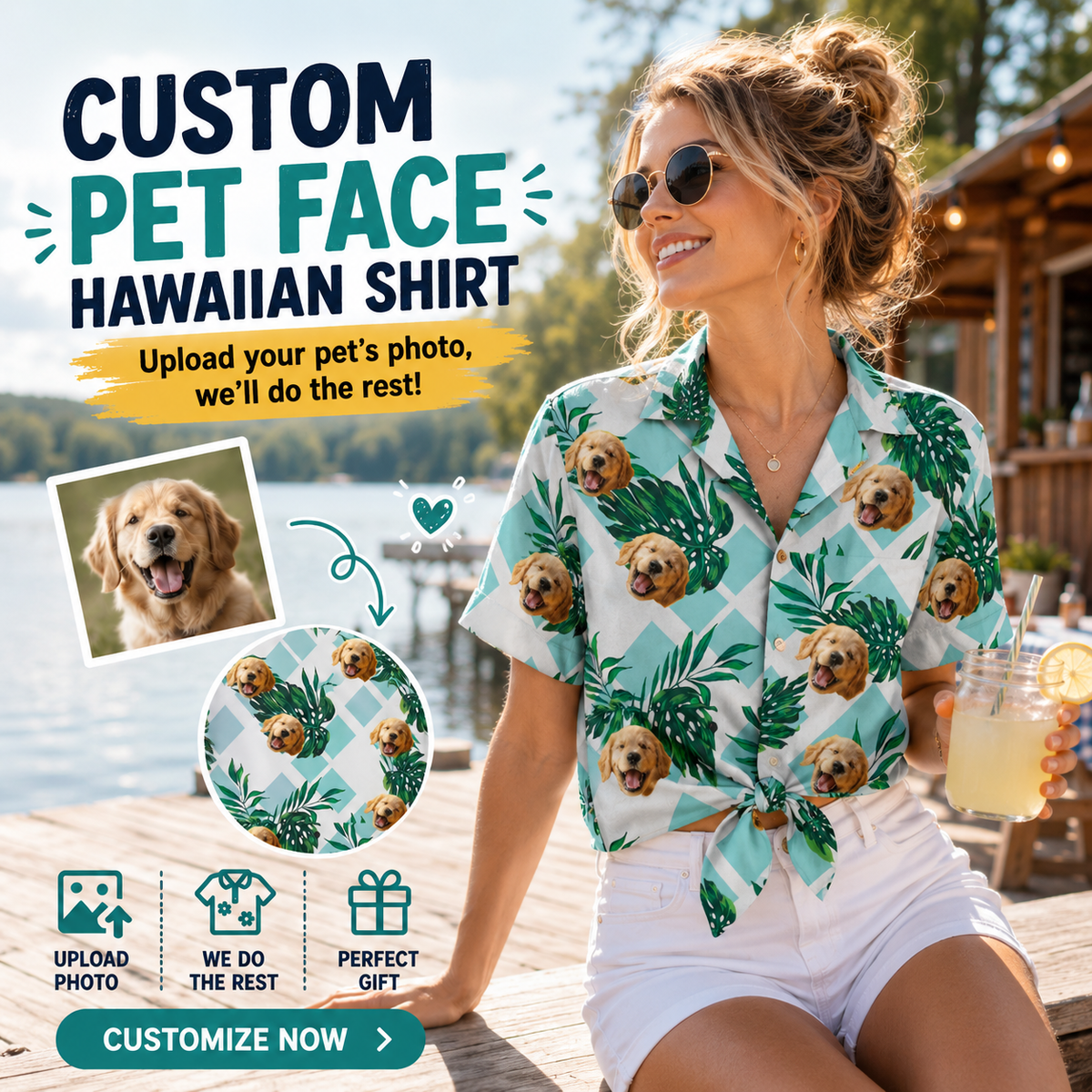 Custom Photo Hawaiian Shirt – Personalized Blue Lagoon Floral & Monstera Leaf Tee – Unique DIY Island Style Summer Gift