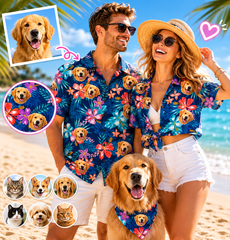 Custom Photo Hawaiian Shirt – Personalized Sunset Orange Floral & Palm Design – Unique DIY Tropical Beach Holiday Tee