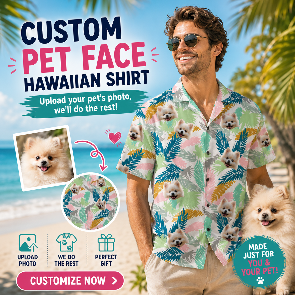 Custom Photo Hawaiian Shirt – Personalized Vintage Sepia Floral & Leaf Design – Unique DIY Retro Tropical Aesthetic Tee