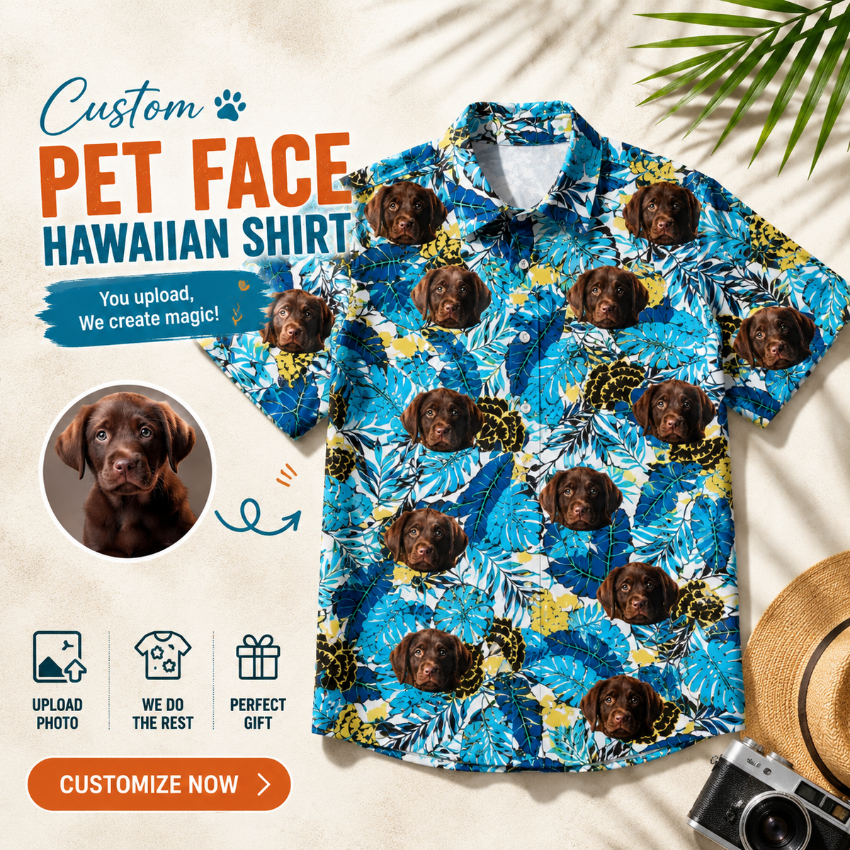 Custom Photo Hawaiian Shirt – Personalized Golden Sunflower & Tropical Foliage Tee – Unique DIY Aloha Vibe Vacation Wear