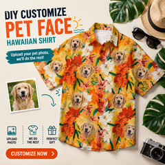Custom Photo Hawaiian Shirt – Personalized Pink Hibiscus & Tropical Leaf Tee – Unique DIY Summer Vacation Party Gift