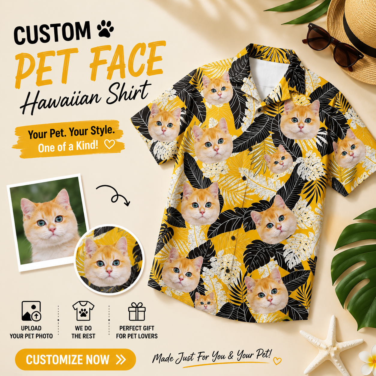 Black & White Tropical Leaf Print Yellow Hawaiian Shirt