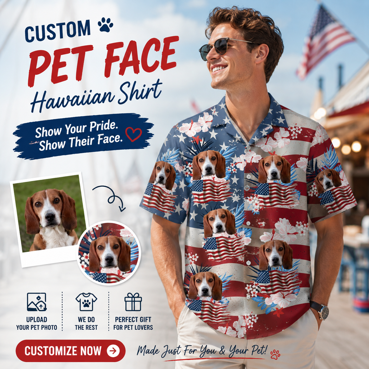 USA Star Stripe Hibiscus Tropical Aloha Shirt