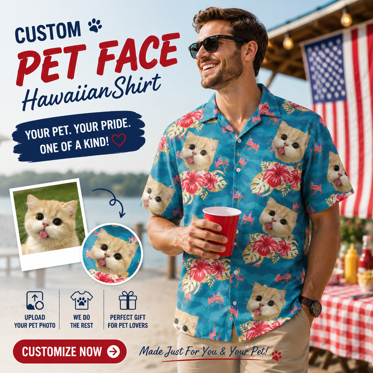 Teal Tropical Hibiscus & Mini US Flag Beach Shirt
